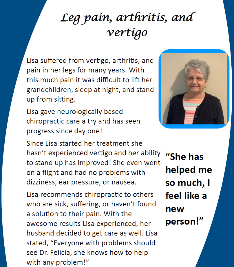 Testimonial flyer titled “Leg pain, arthritis, and vertigo” with woman’s photo and quote blocks