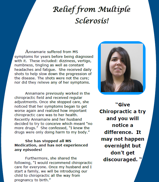 Flyer titled “Relief from Multiple Sclerosis!” with a woman’s photo and chiropractic testimonial text