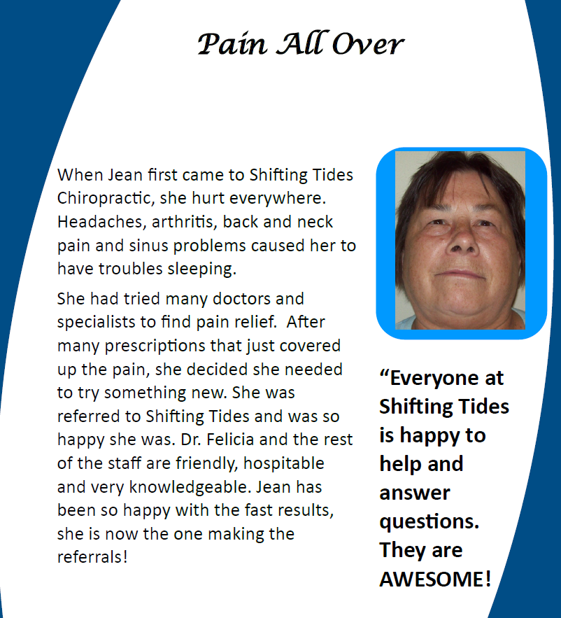 Pain All Over testimonial poster with a woman’s portrait and blue quote panel about Shifting Tides Chiropractic