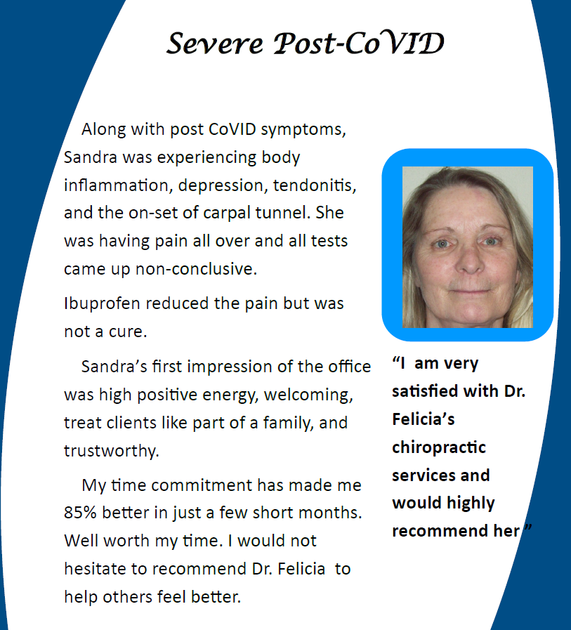 Poster titled “Severe Post-COVID” with a woman’s portrait and testimonial text about treatment and pain relief