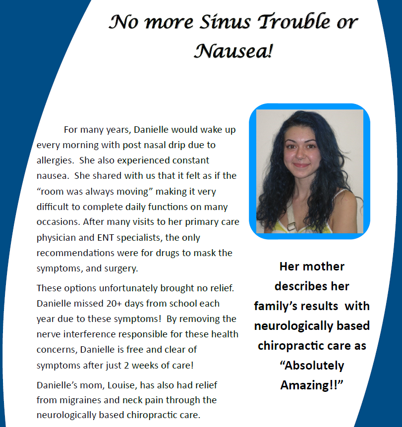 Blue-and-white testimonial poster about sinus trouble and nausea, with a woman’s photo and chiropractic care quote