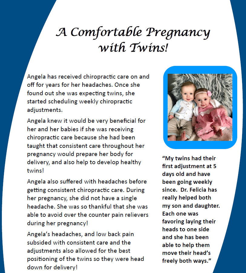 Brochure page titled “A Comfortable Pregnancy with Twins!” with text and a photo of twin babies in a blue frame
