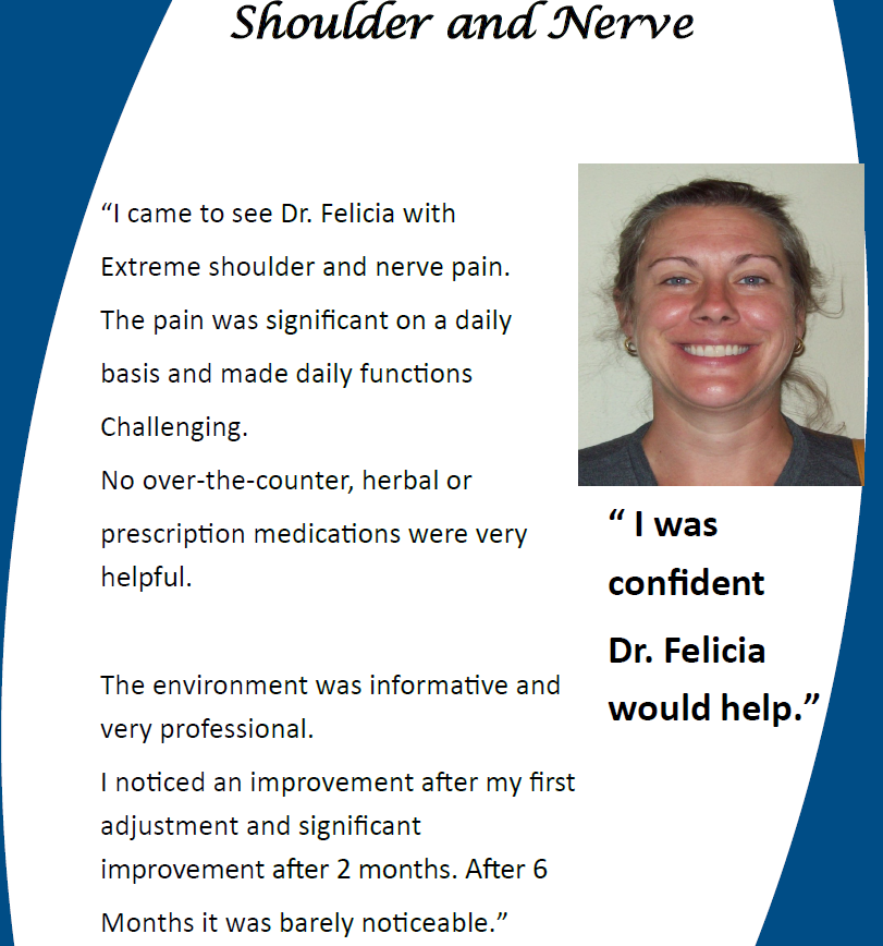 Patient testimonial poster with smiling woman photo and text about relief from shoulder and nerve pain