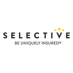 Selective Insurance logo with black text and three yellow dots above the “V”