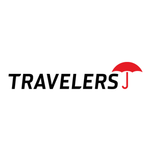 Travelers logo in black and red with a red umbrella over the final letter