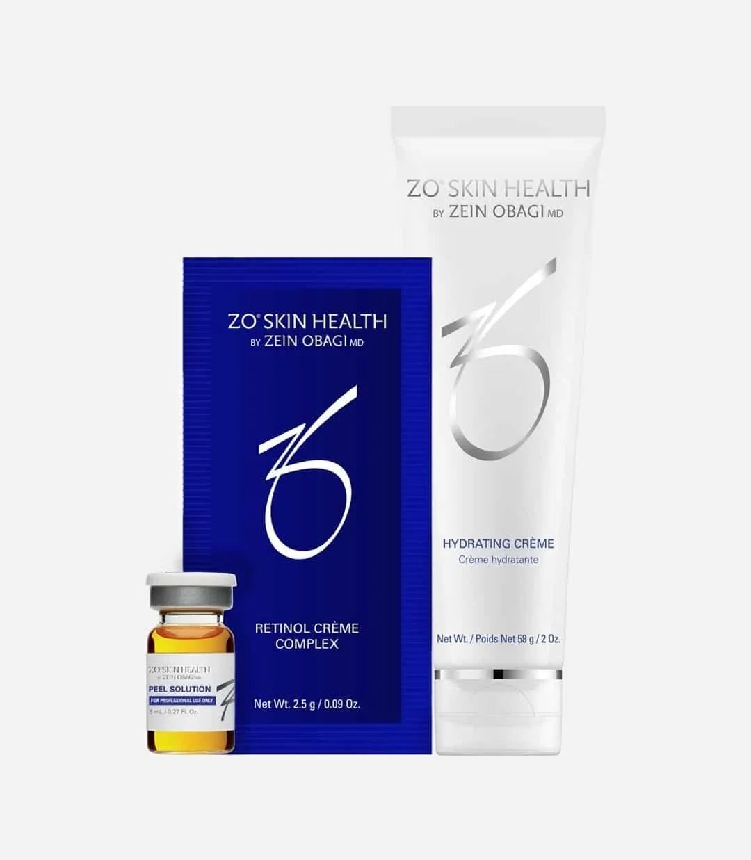 ZO Skin Health skincare products: Hydrating Crème, serum, and blue packet against a white background.