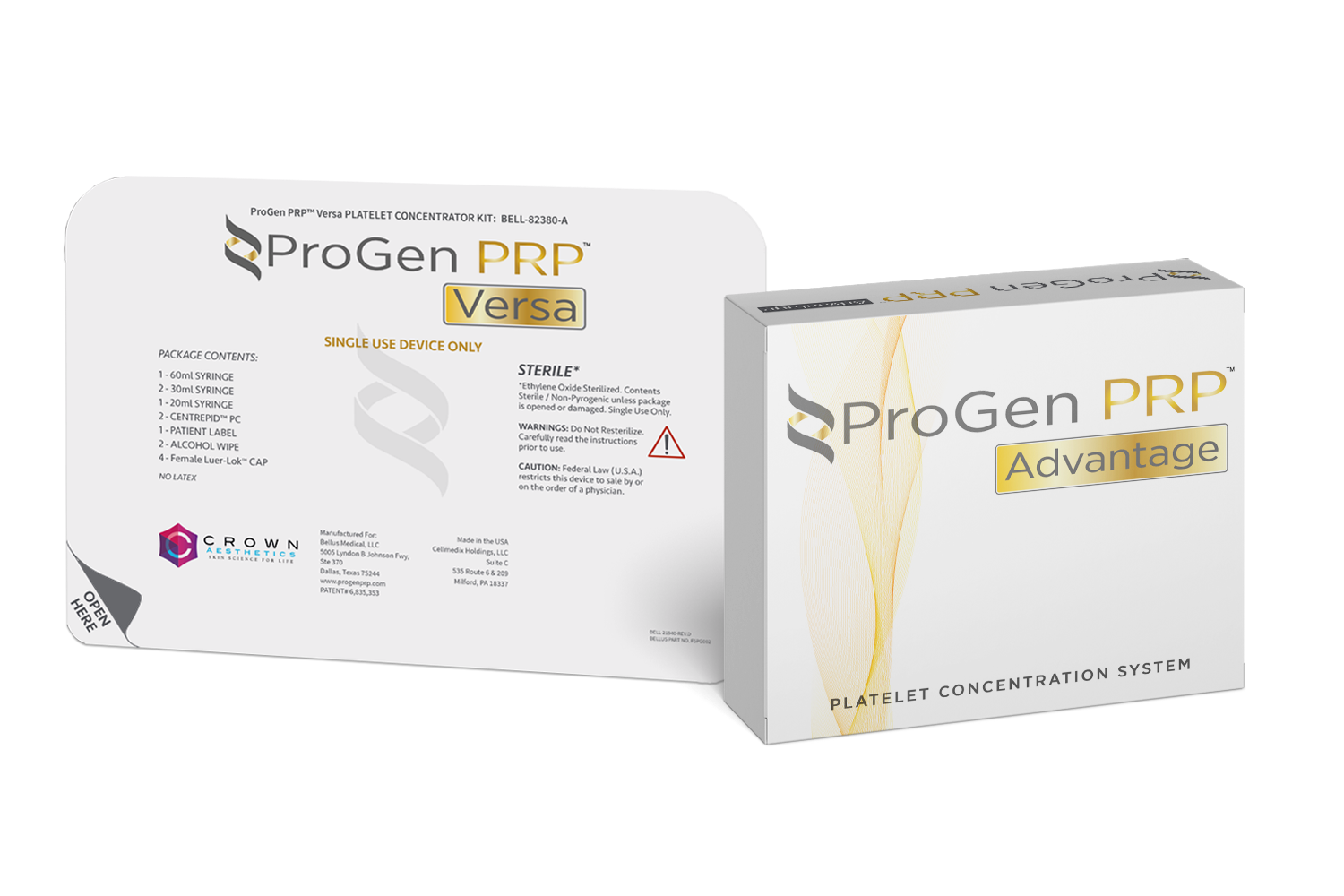 Boxes of ProGen PRP Versa and Advantage platelet concentration systems.