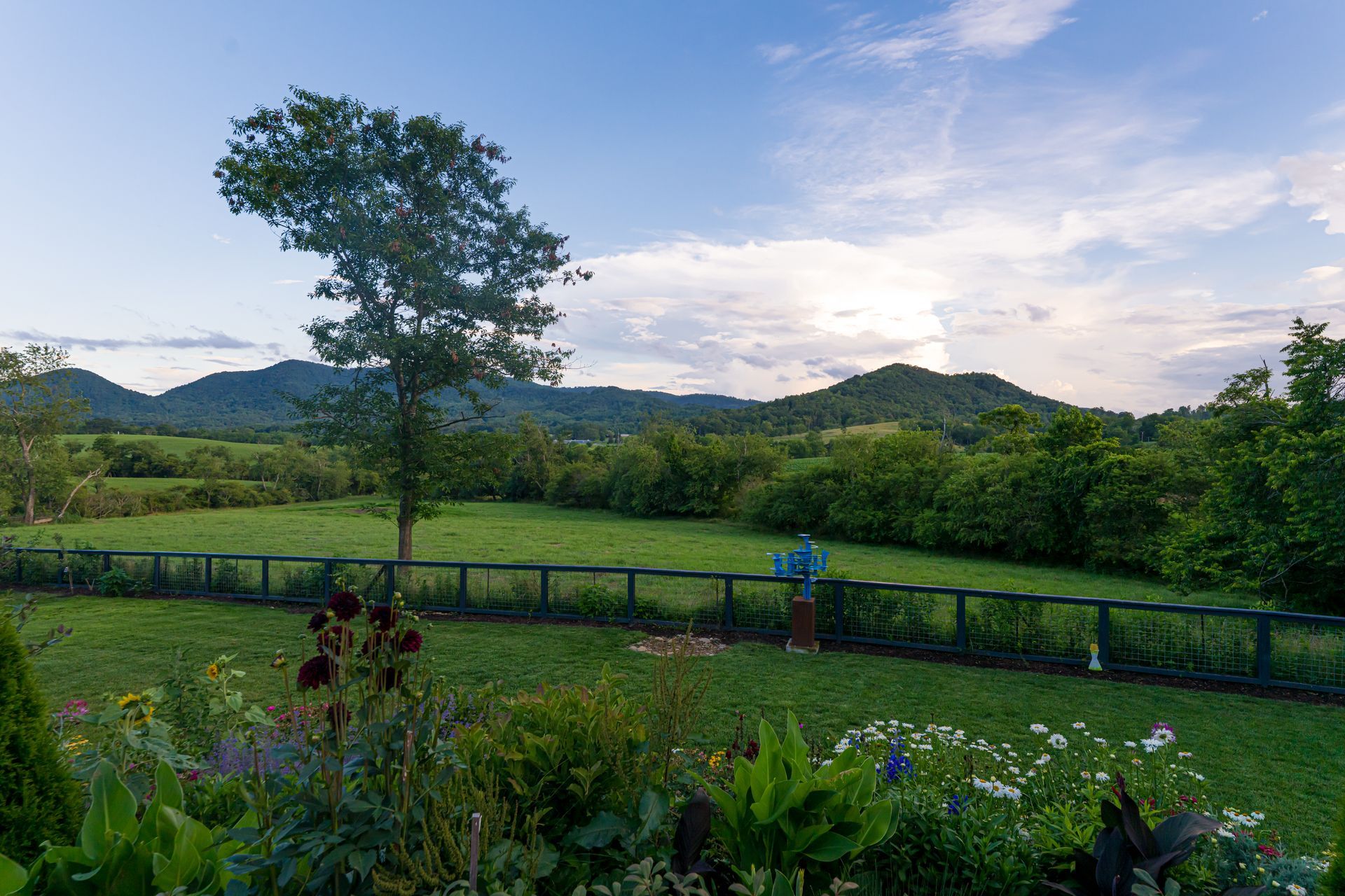 Sunset over a green field with flowers, a lone tree, hills, and a wooden fence under a cloudy sky
