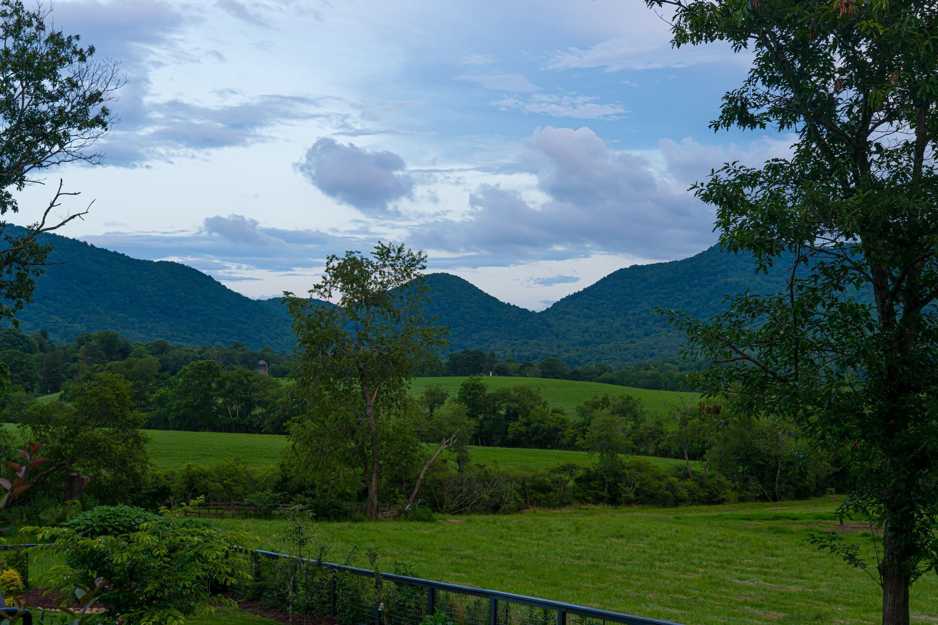 Green meadow with distant blue mountains under a cloudy sky, framed by trees