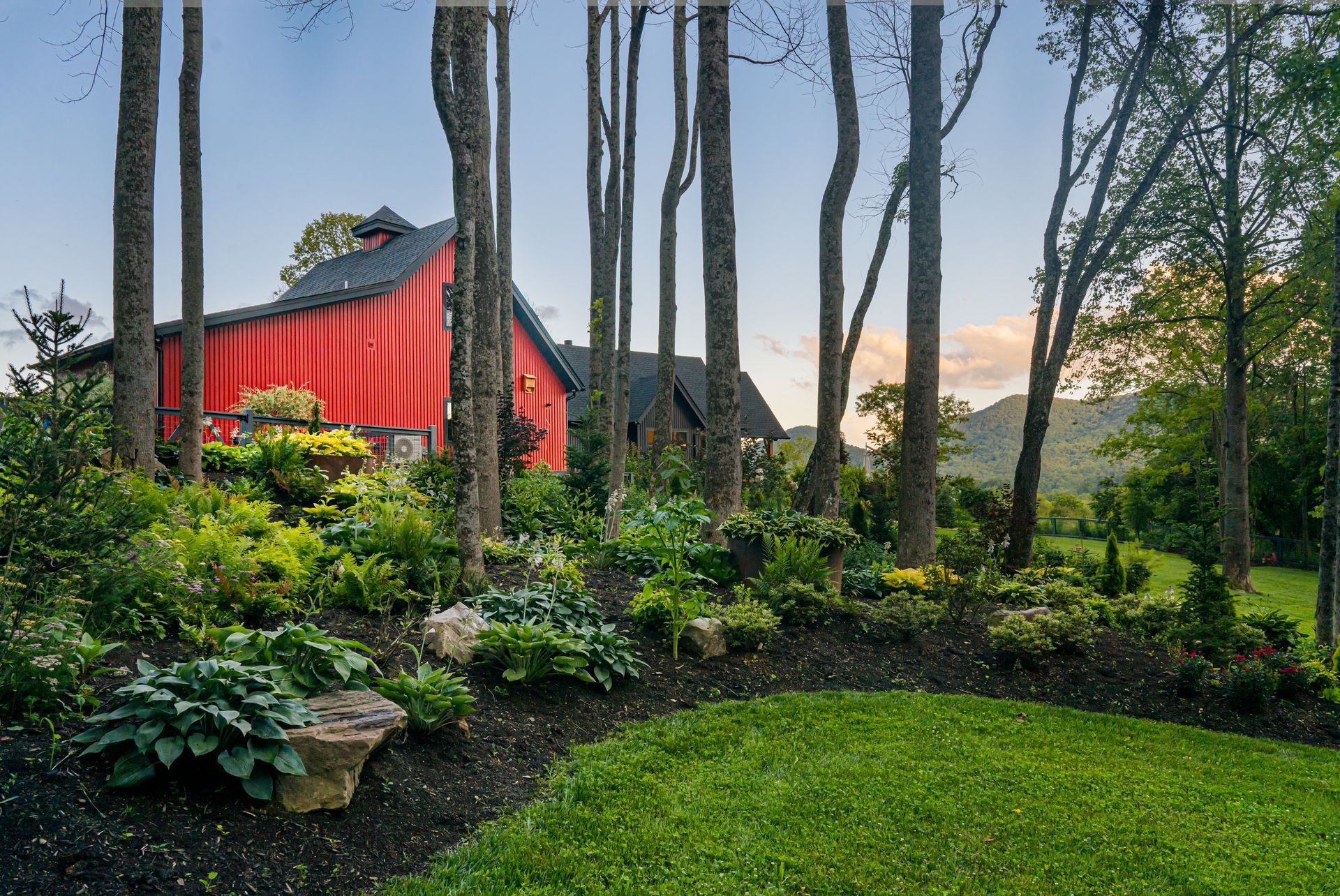 Red barn-style house behind tall trees and lush garden with a green lawn at sunset