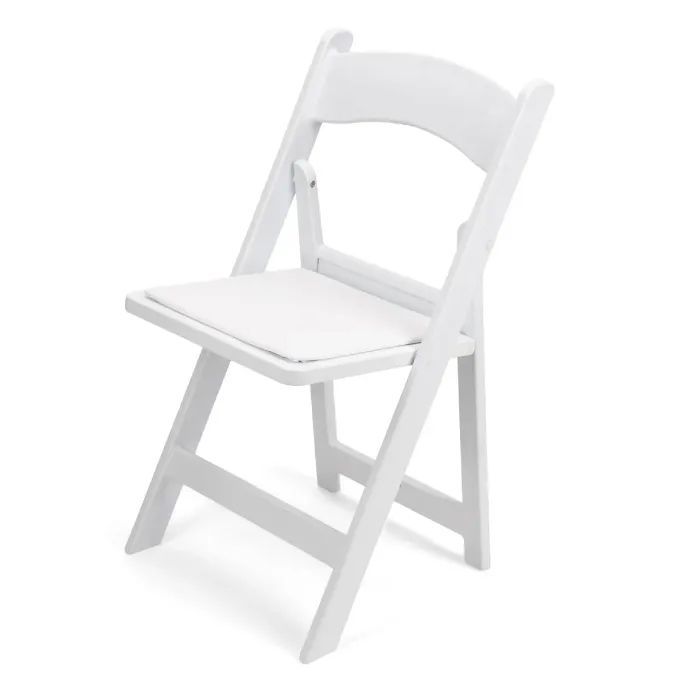 A white folding chair with a white cushion on a white background.