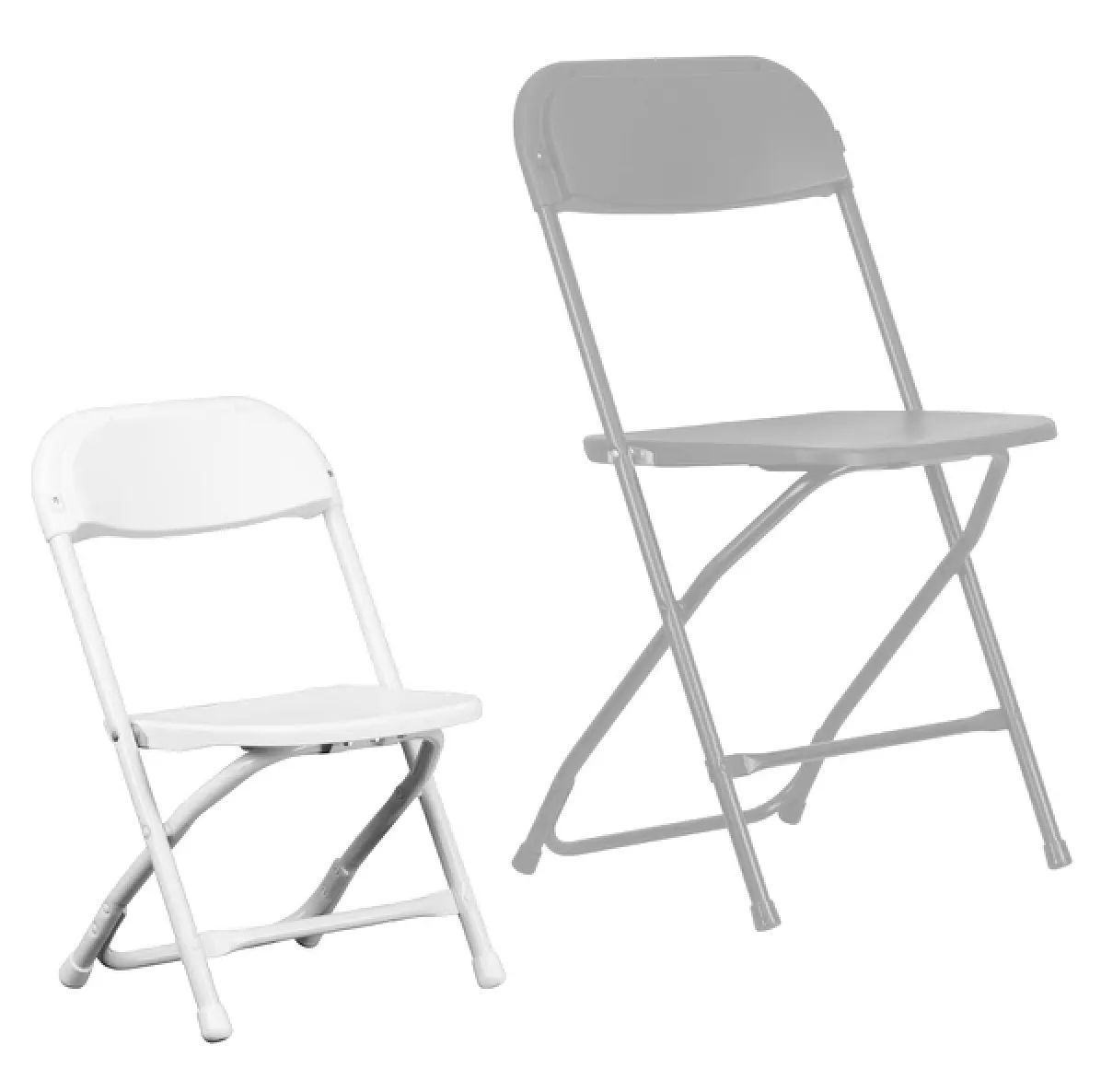 Two white folding chairs are sitting next to each other on a white background.