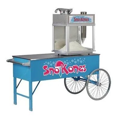 A blue cart with a snow cone machine on top of it.