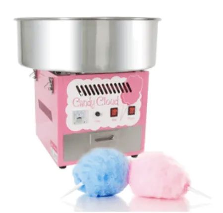 A pink cotton candy machine with two balls of cotton candy next to it.