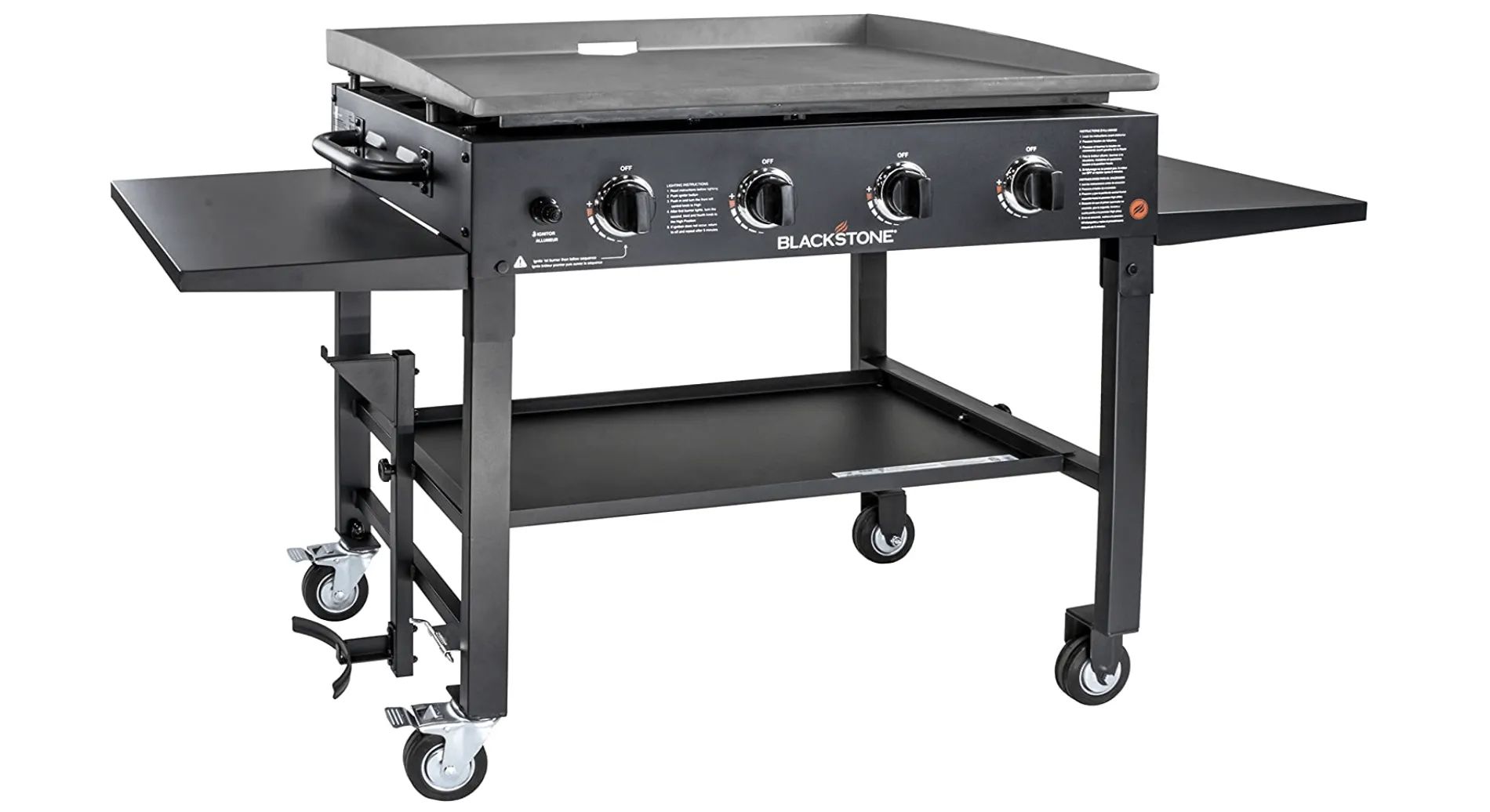 A black grill with wheels and a shelf on a white background.