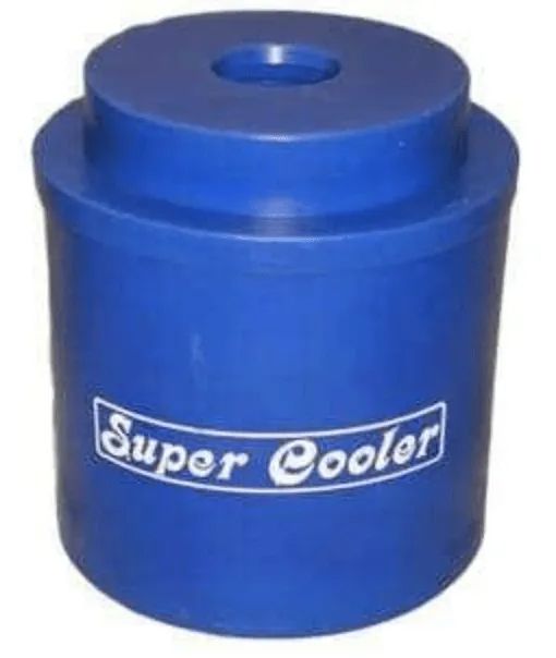 A blue super cooler with a hole in the middle