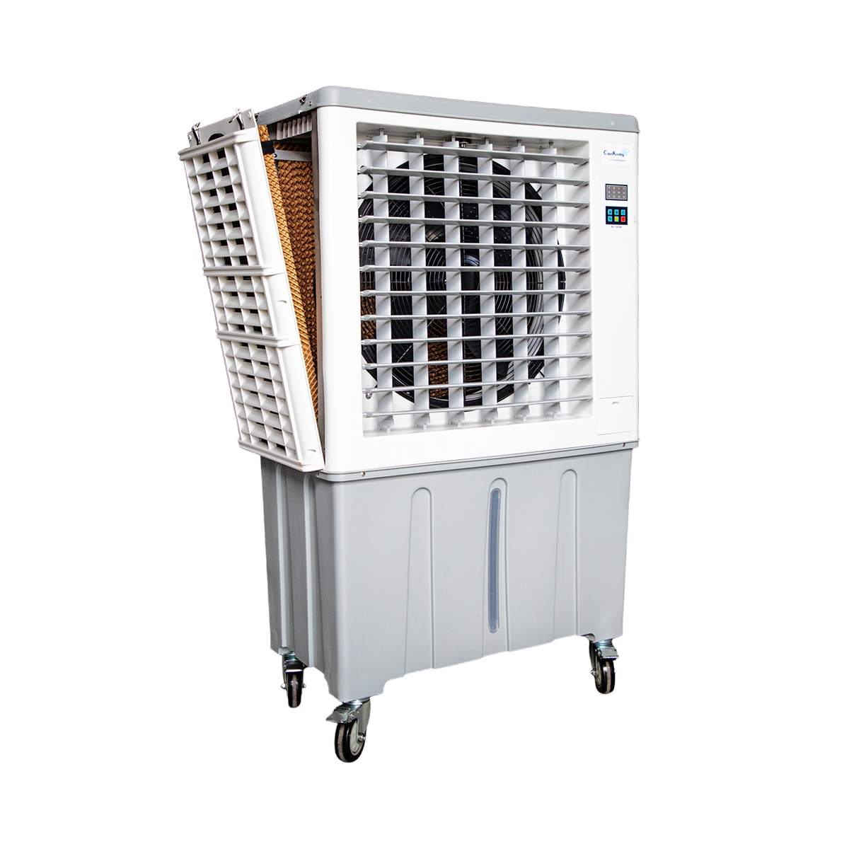 A large portable air cooler with wheels on a white background.