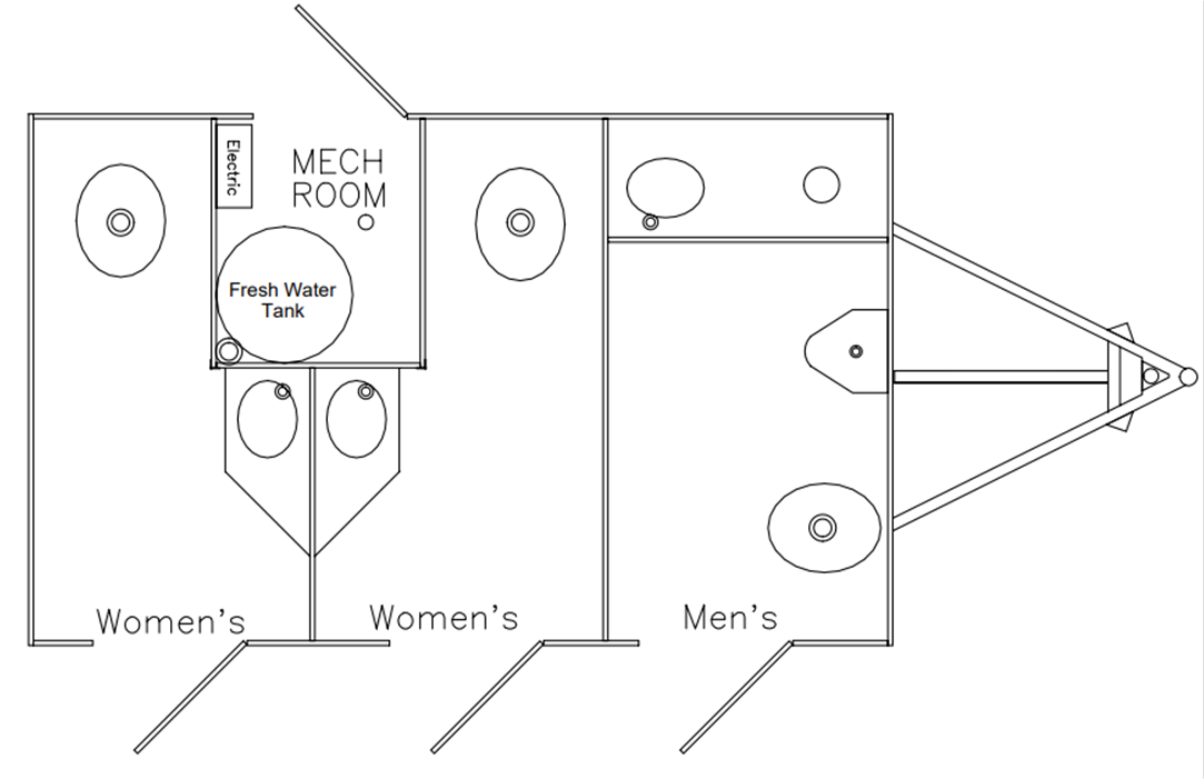 A black and white drawing of a trailer with a women's room and a men's room.