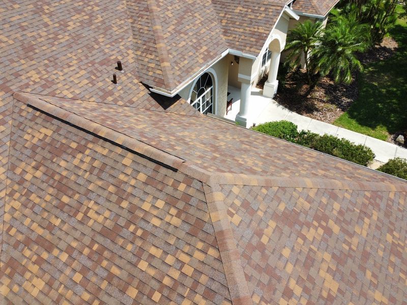 Brown shingle roof with varying shades, angled view of a house exterior on a sunny day.