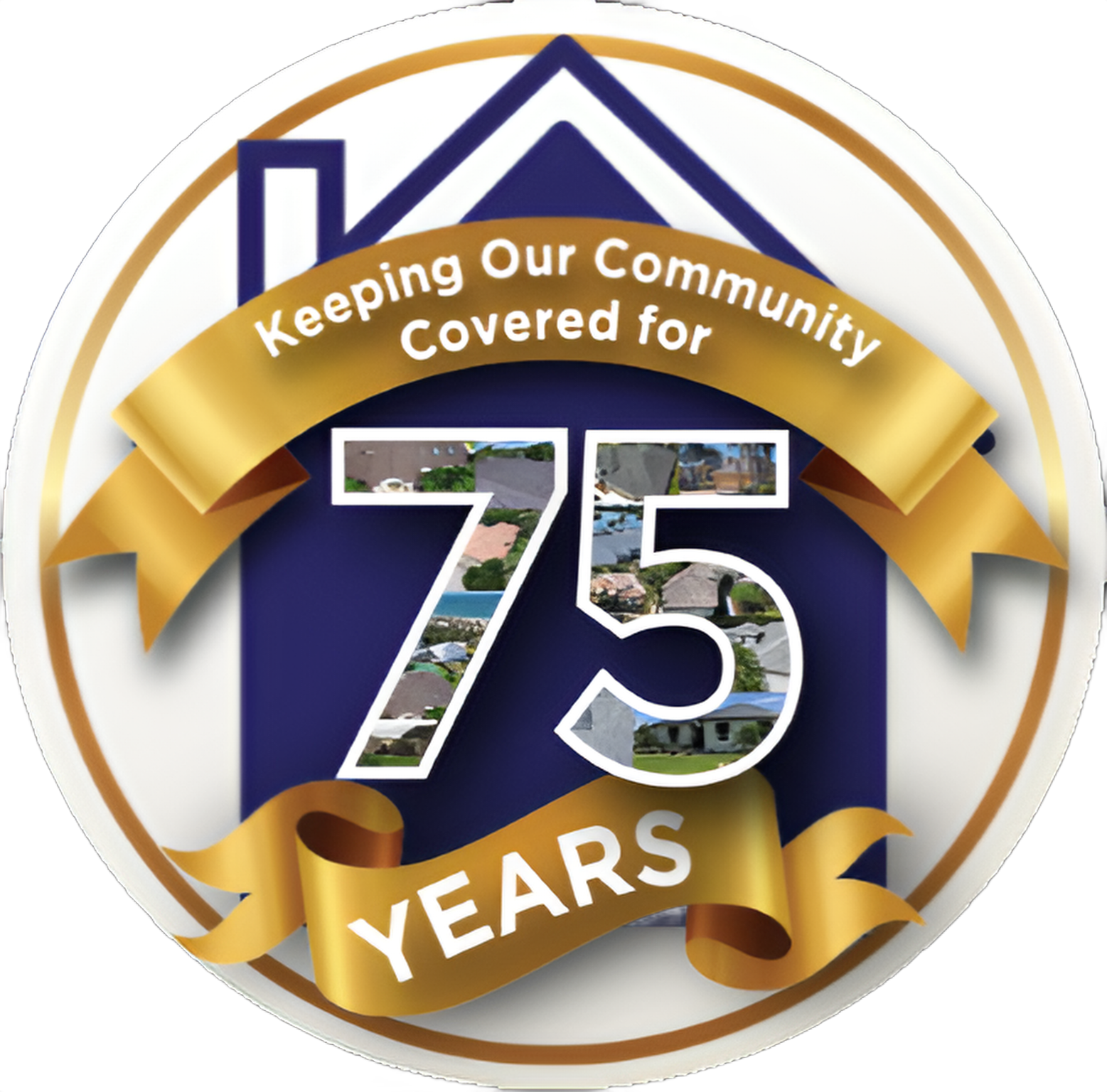 Circular logo: Blue house silhouette, gold ribbon with 