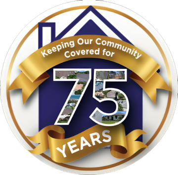 Circular logo: Blue house silhouette, gold ribbon with 