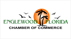 Englewood, Florida Chamber of Commerce logo: orange sun with palm trees and birds; green text on white background.