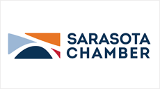 Sarasota Chamber logo: abstract shapes in blue, orange, and red beside the text 