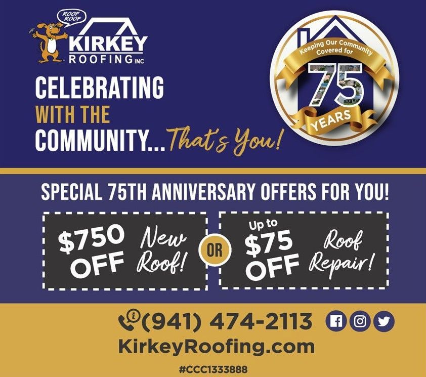 Kirkey Roofing: celebrating 75 years with offers of $750 off new roof or $75 off repair.