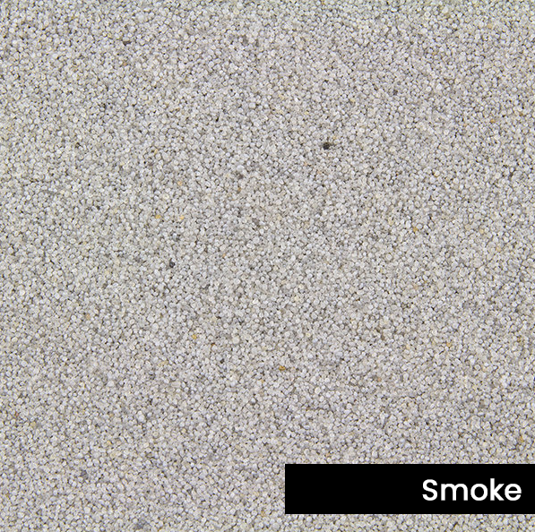 Close-up view of textured, speckled surface in shades of gray and beige, labeled Smoke in a black rectangle.