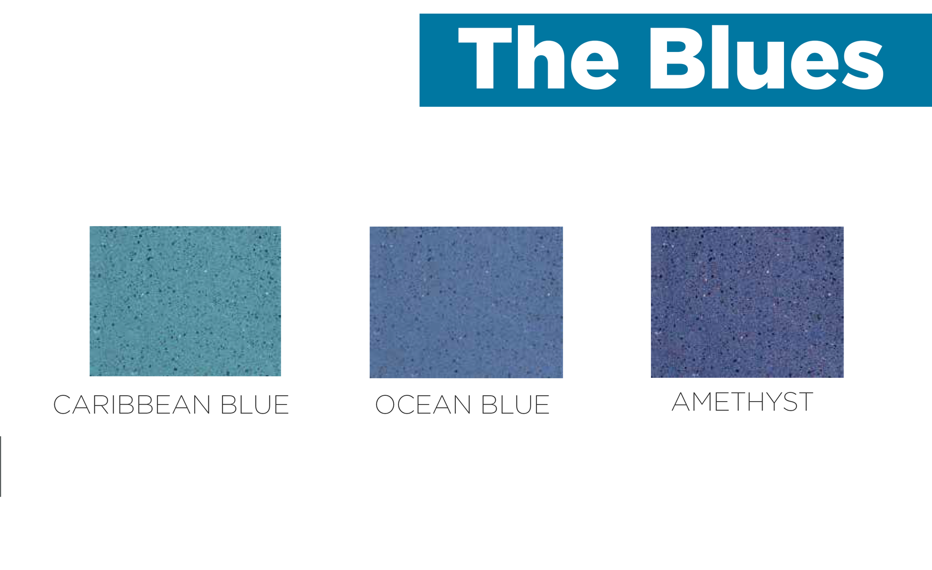 Three blue color swatches: Caribbean Blue, Ocean Blue, and Amethyst, with the heading The Blues.