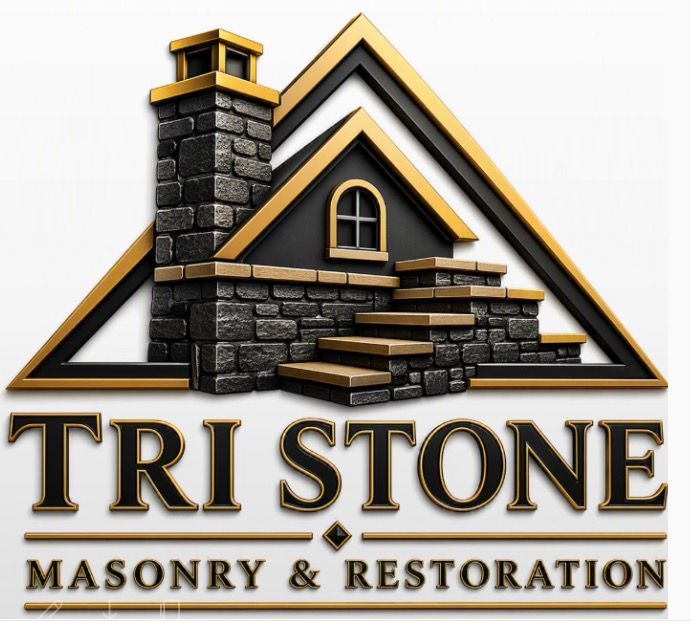Tri Stone Masonry & Restoration logo with black-and-gold stone house and chimney emblem