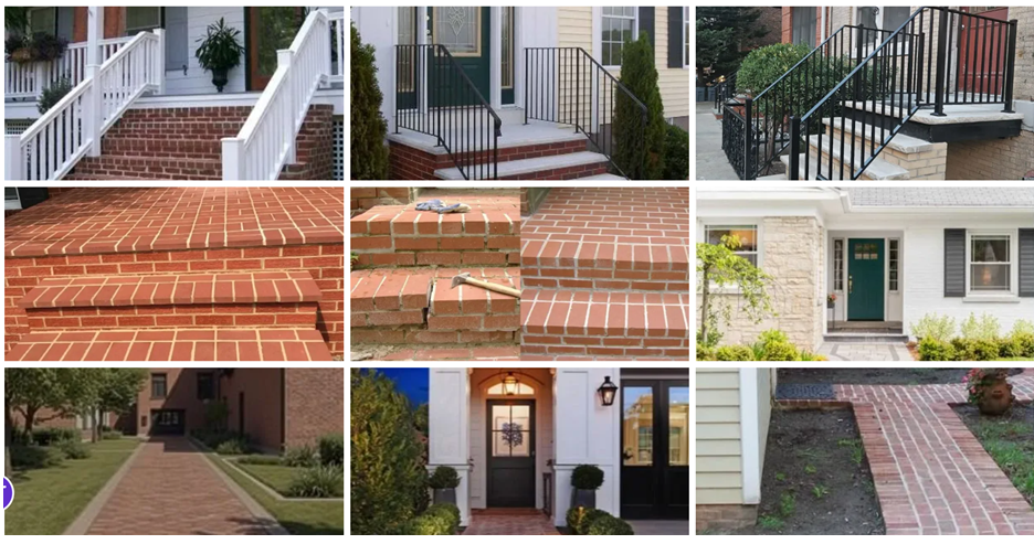 Collage of brick and concrete steps, walkways, ramps, and entrances in residential settings