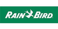 Rain Bird logo on a green rectangle; white text and bird symbol.