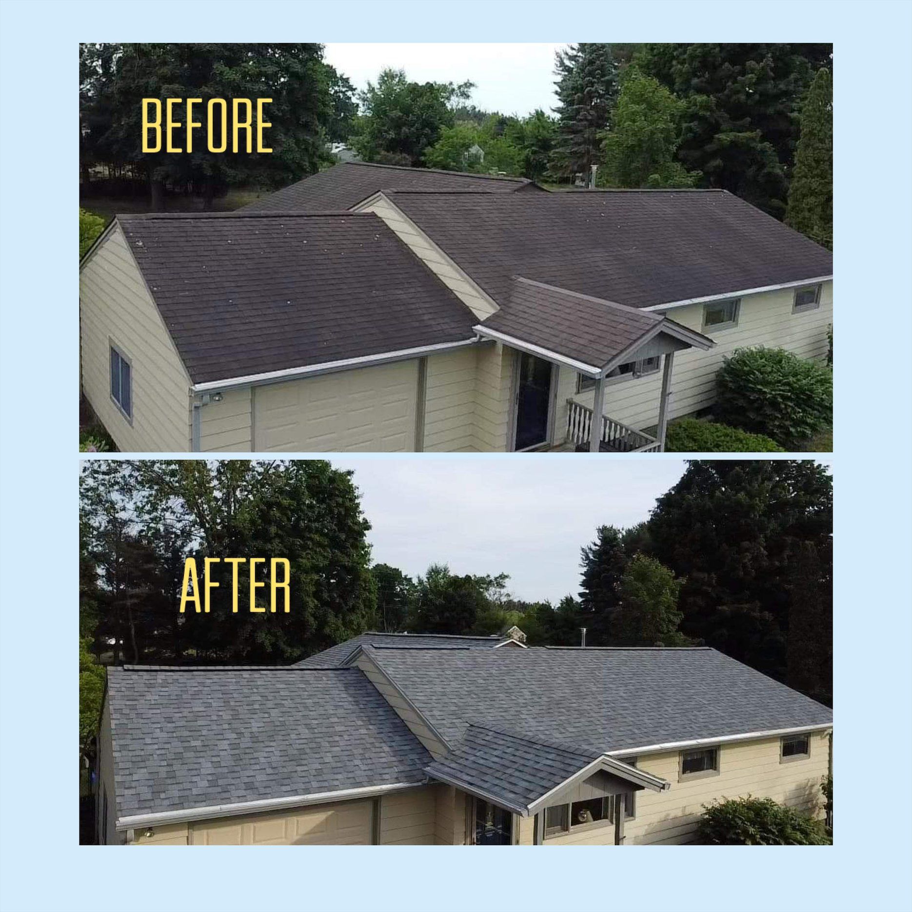 A before and after picture of a house 's roof
