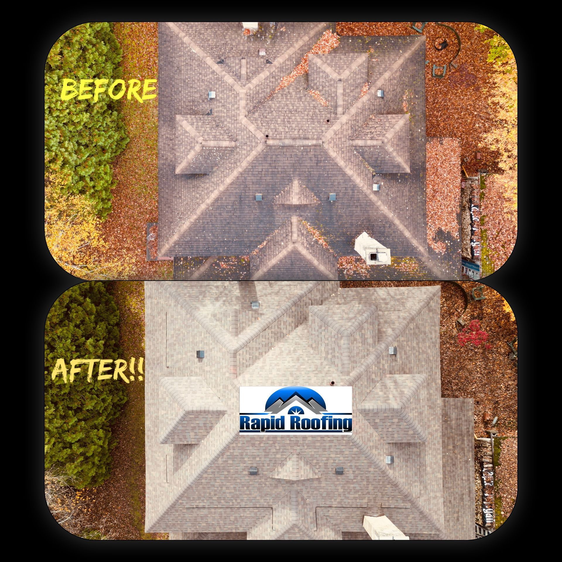 An aerial view of a roof before and after being repaired by rapid roofing