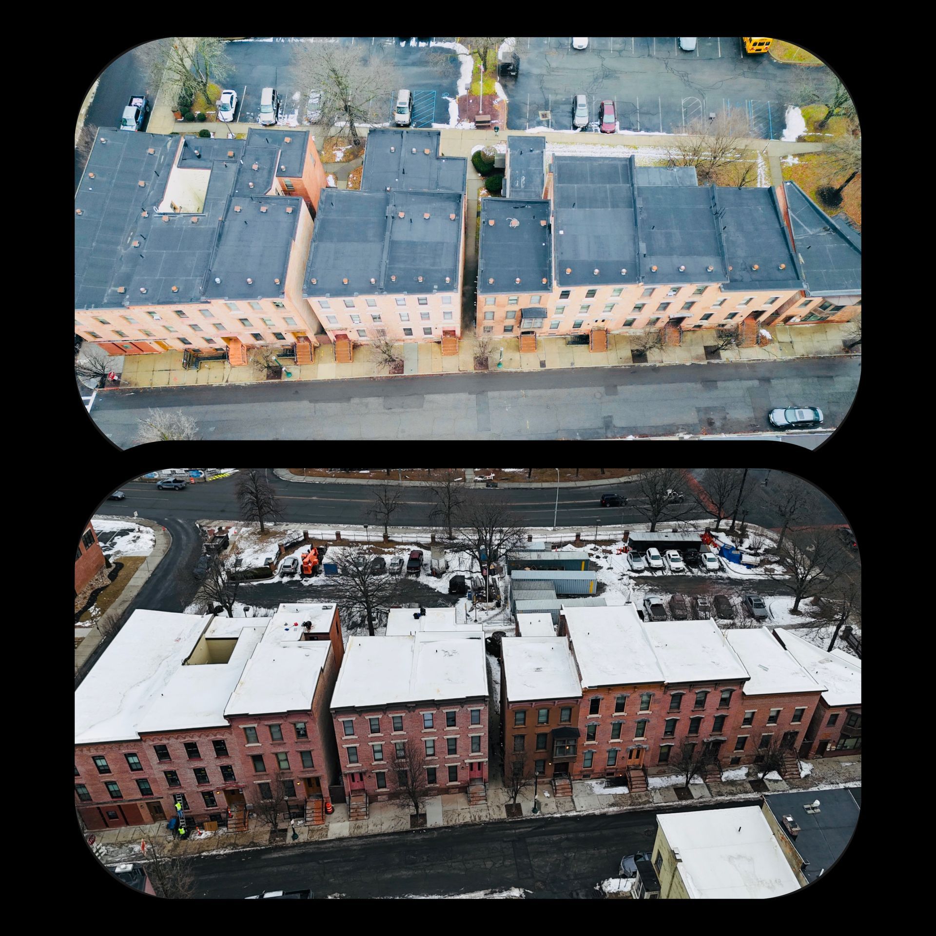 A before and after picture of a roof of a building