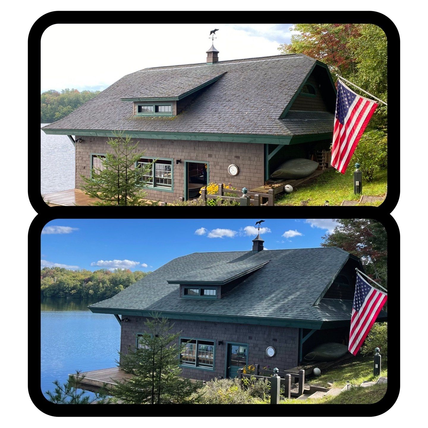 A before and after picture of a house with an american flag