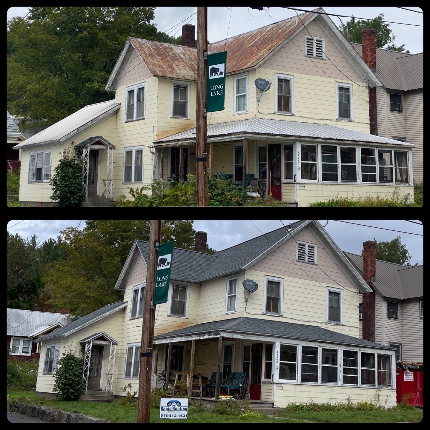 Two pictures of a house before and after being remodeled