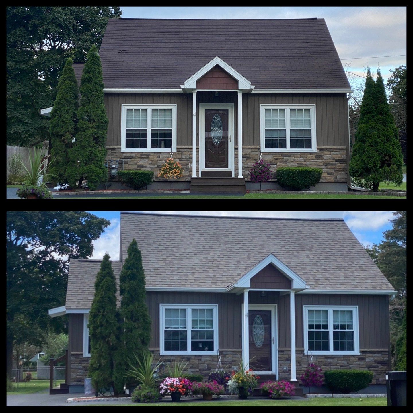 A before and after picture of a house with a brown roof