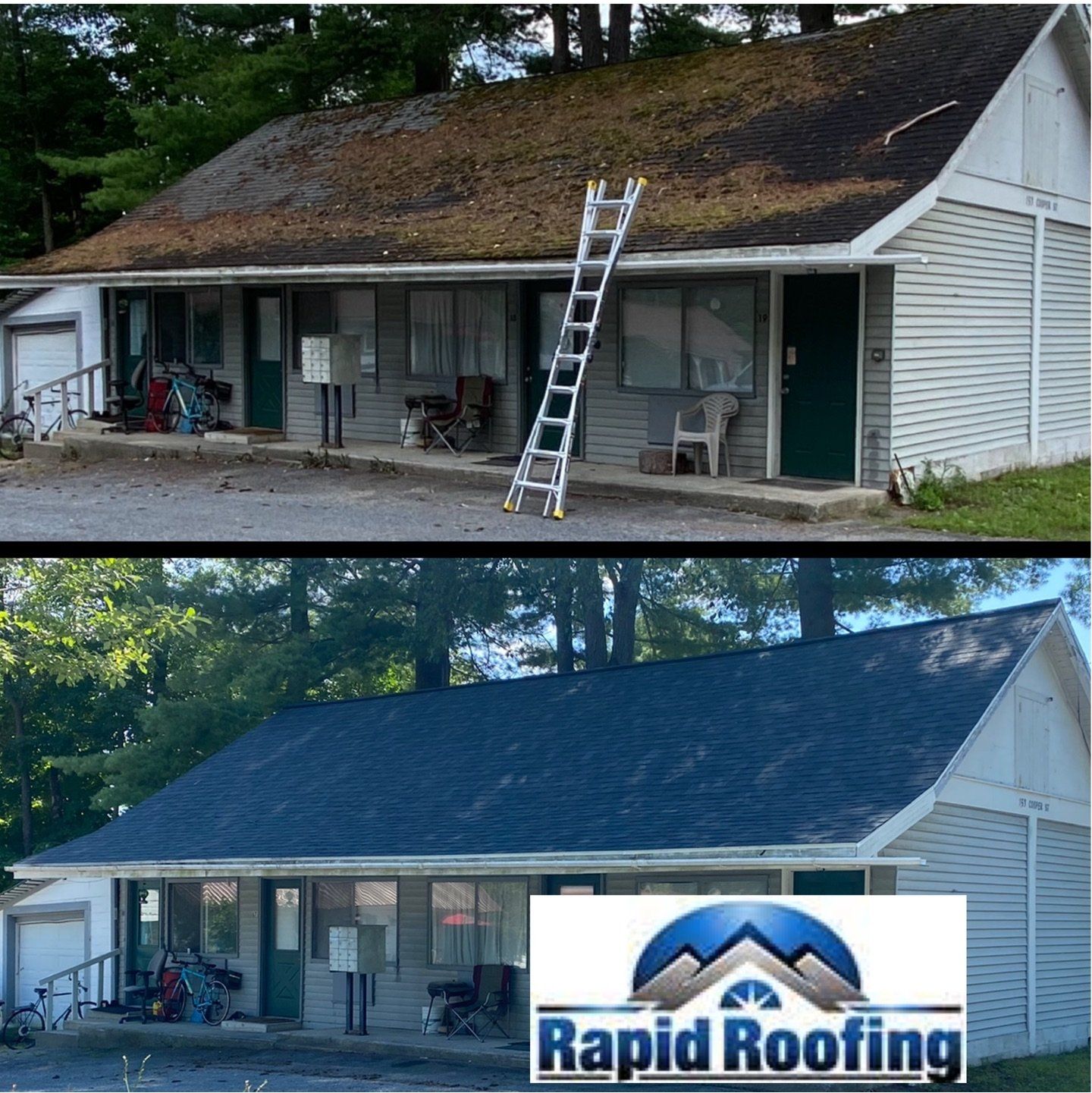 A picture of a house before and after roofing by rapid roofing