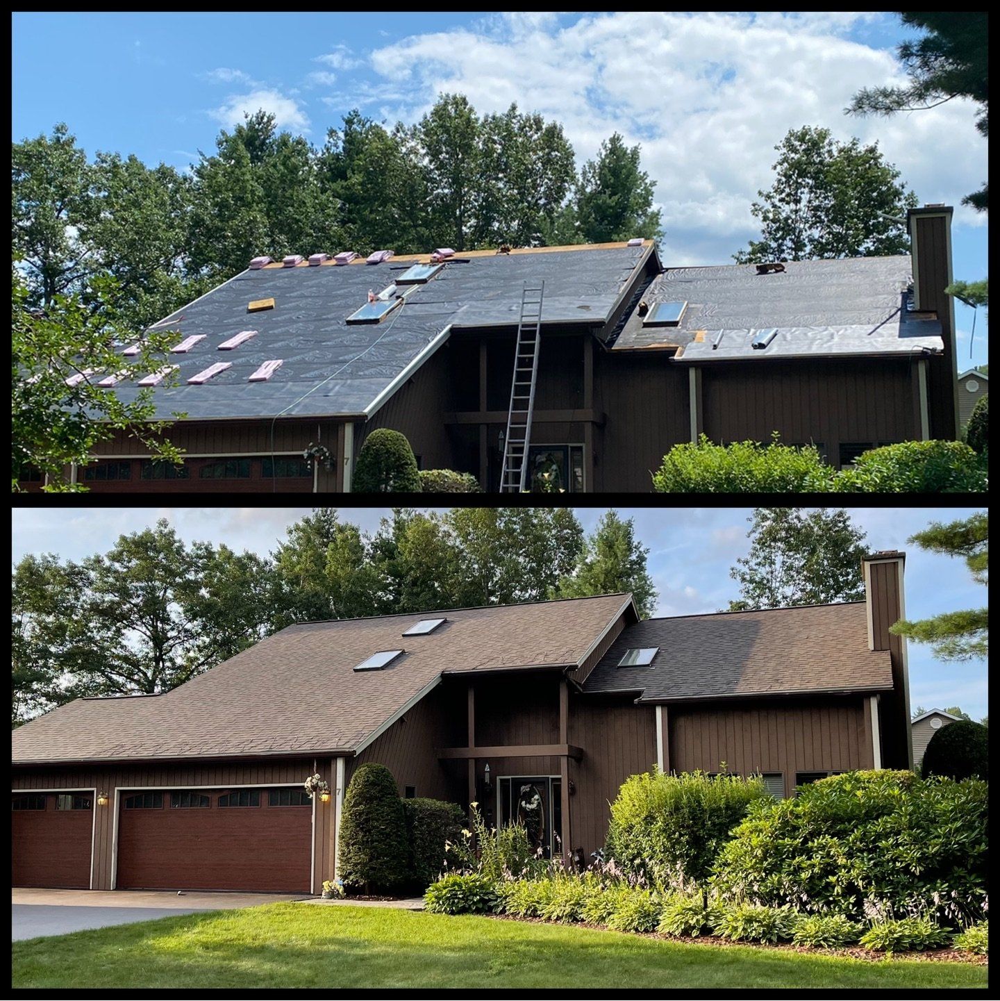 A before and after picture of a house with a new roof.