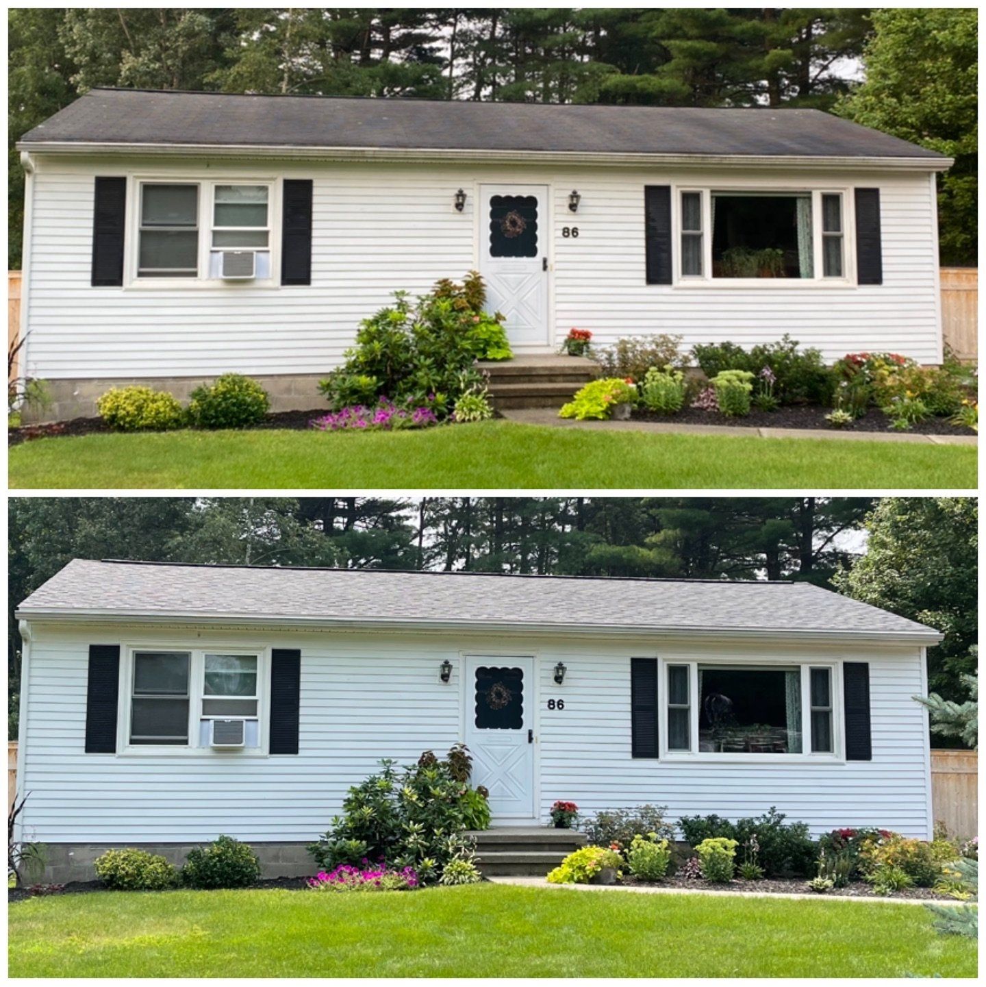A before and after picture of a white house with black shutters.
