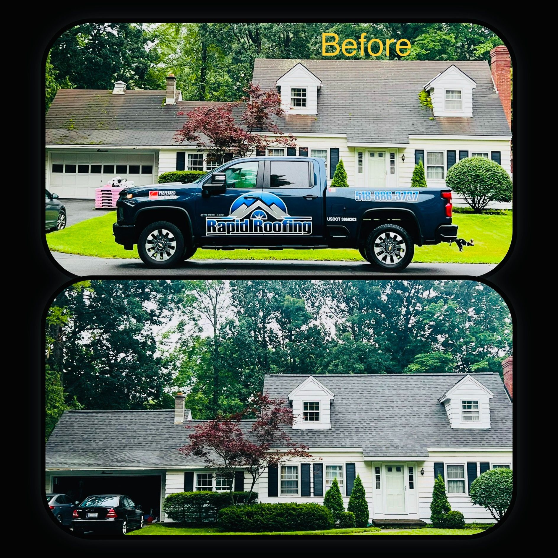 A before and after picture of a truck parked in front of a house.
