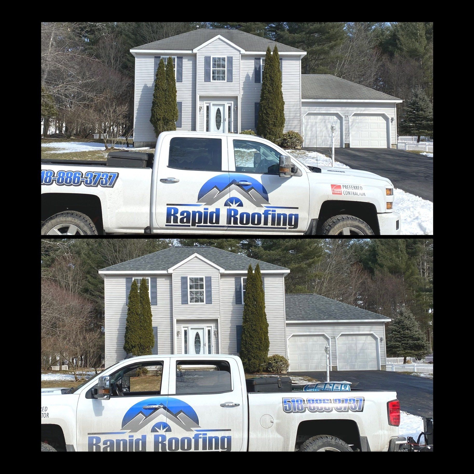 A rapid roofing truck is parked in front of a house