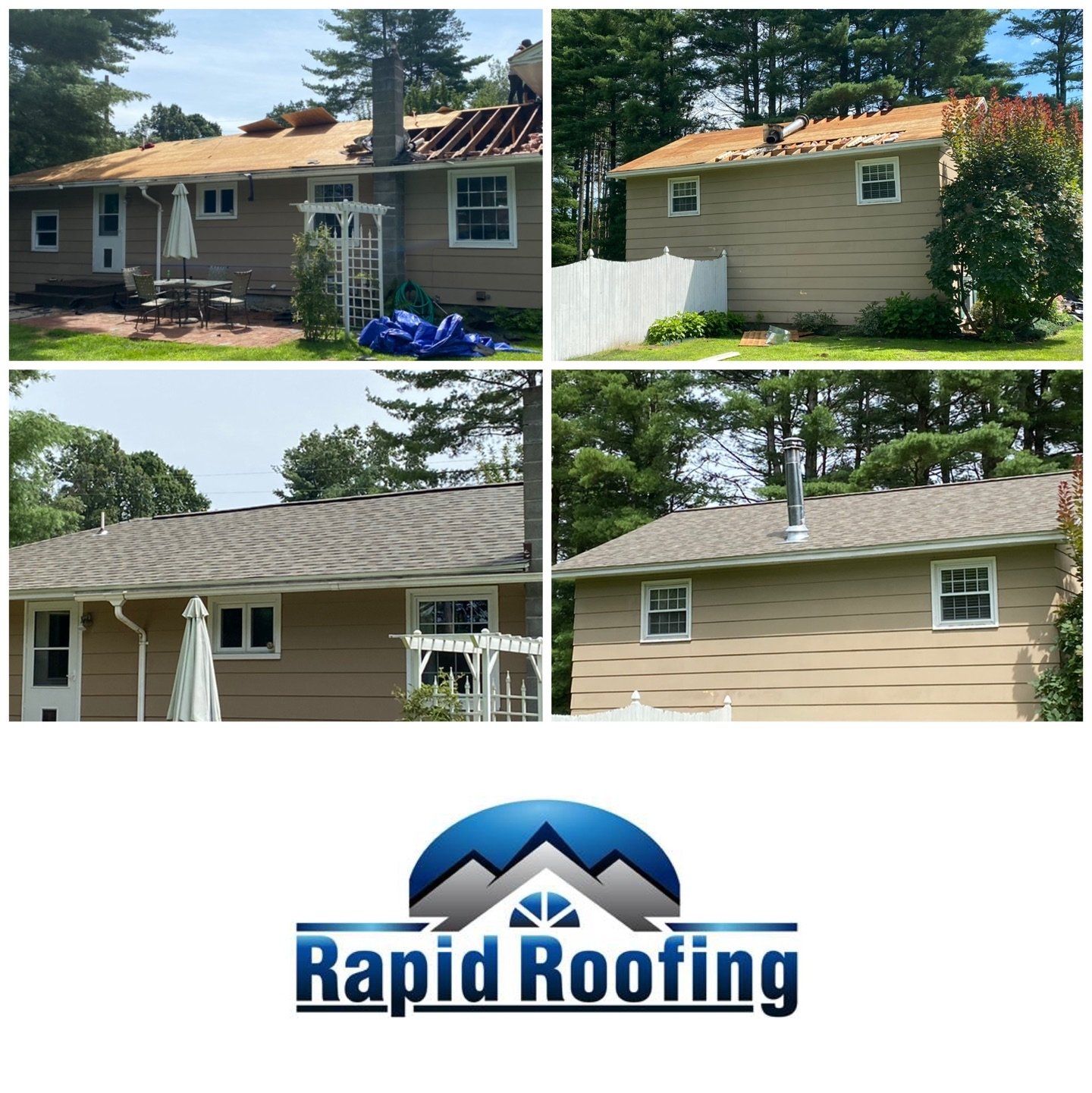 A picture of a house before and after roofing by rapid roofing