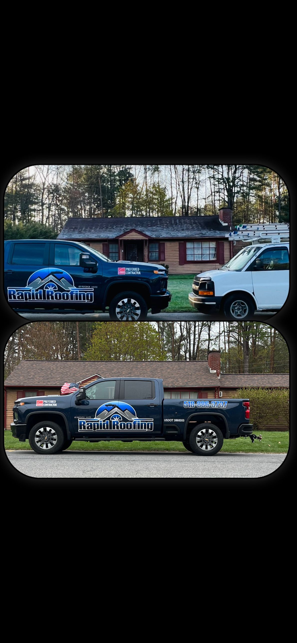 Two trucks are parked in front of a house.