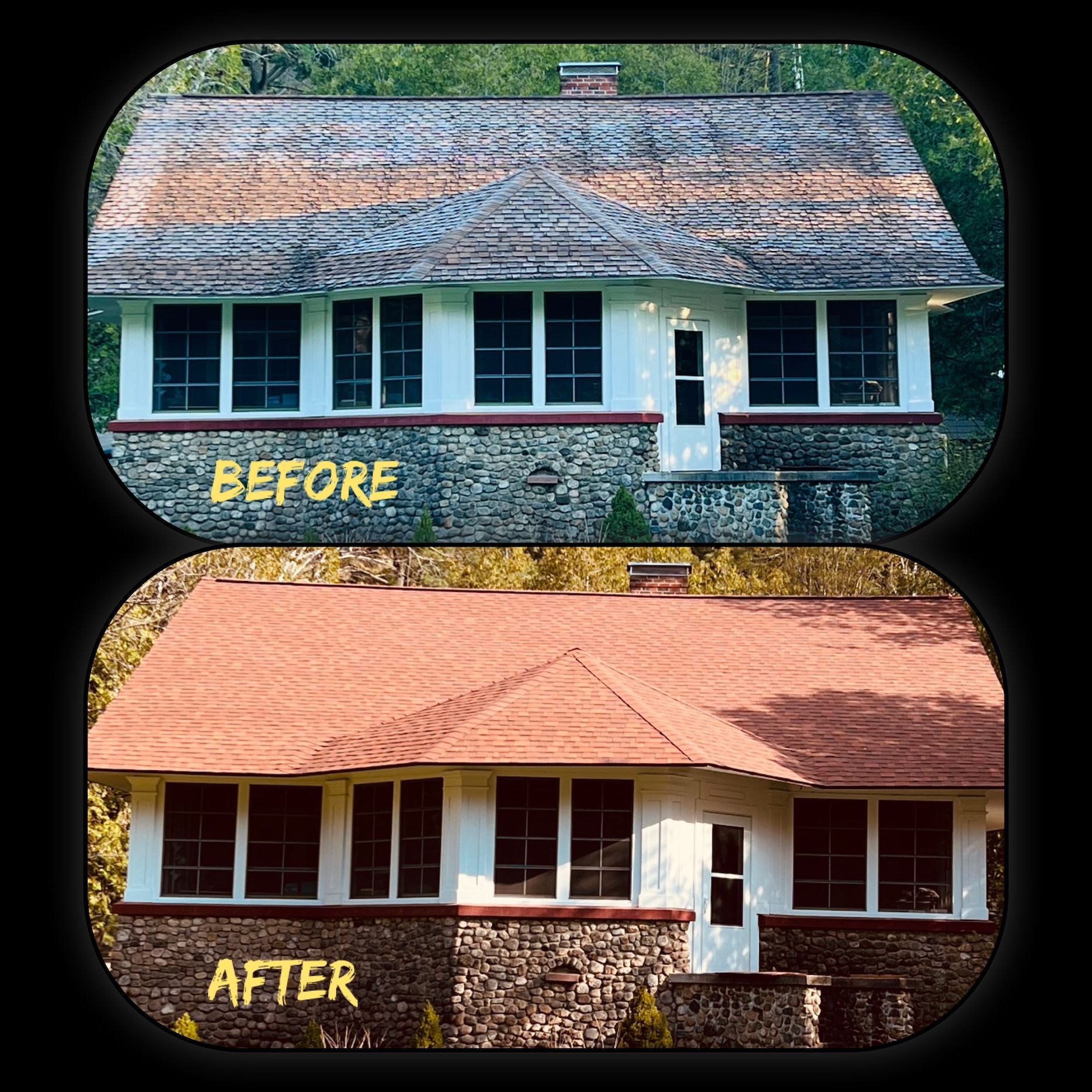 A before and after picture of a house with a red roof