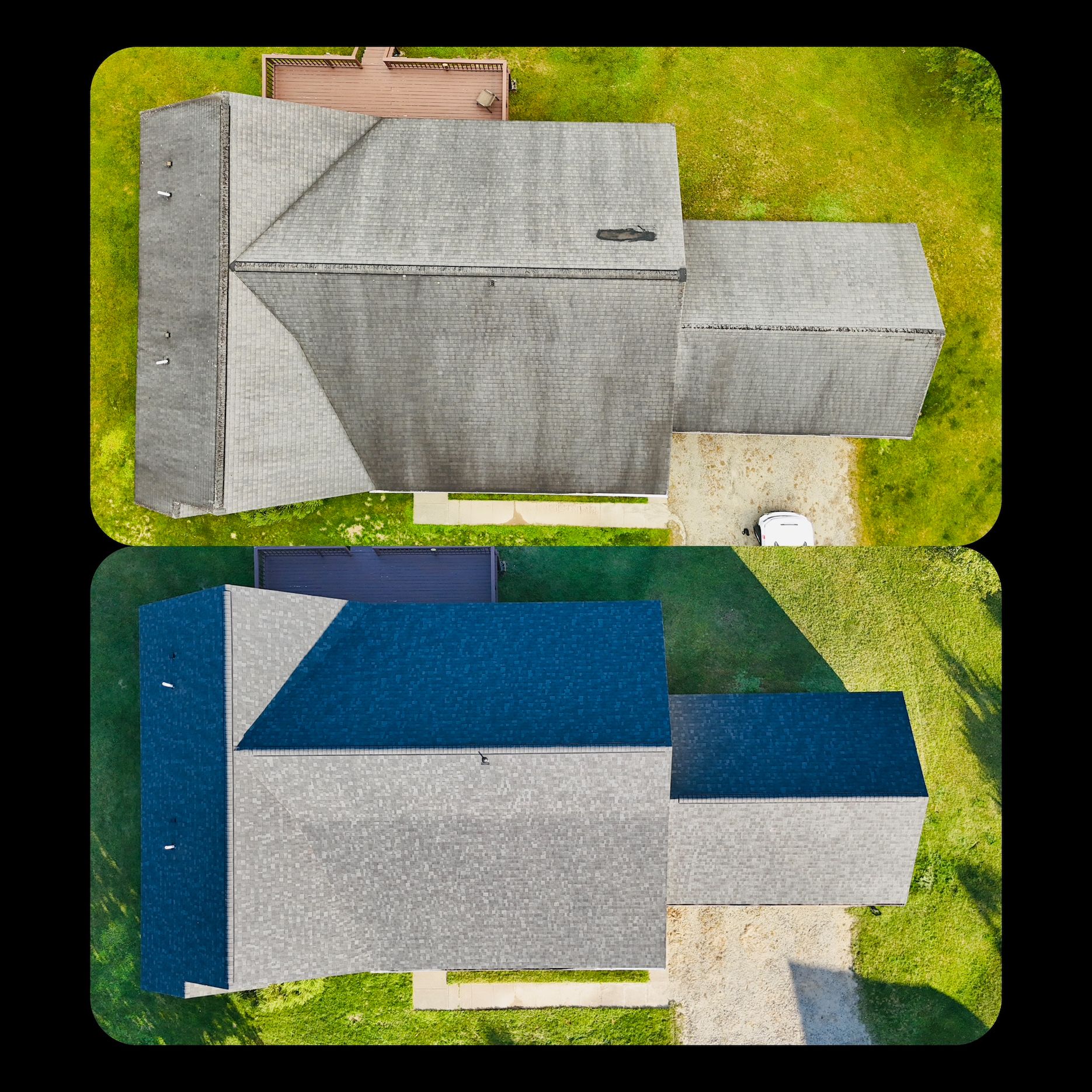 Aerial view of two neighboring houses, one gray and one blue, on green lawns.