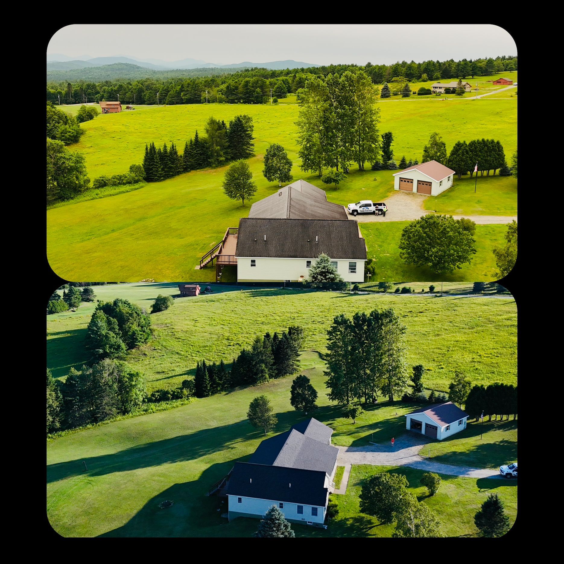 Aerial view of green farmland with trees and two rural houses, shown in a side-by-side comparison.