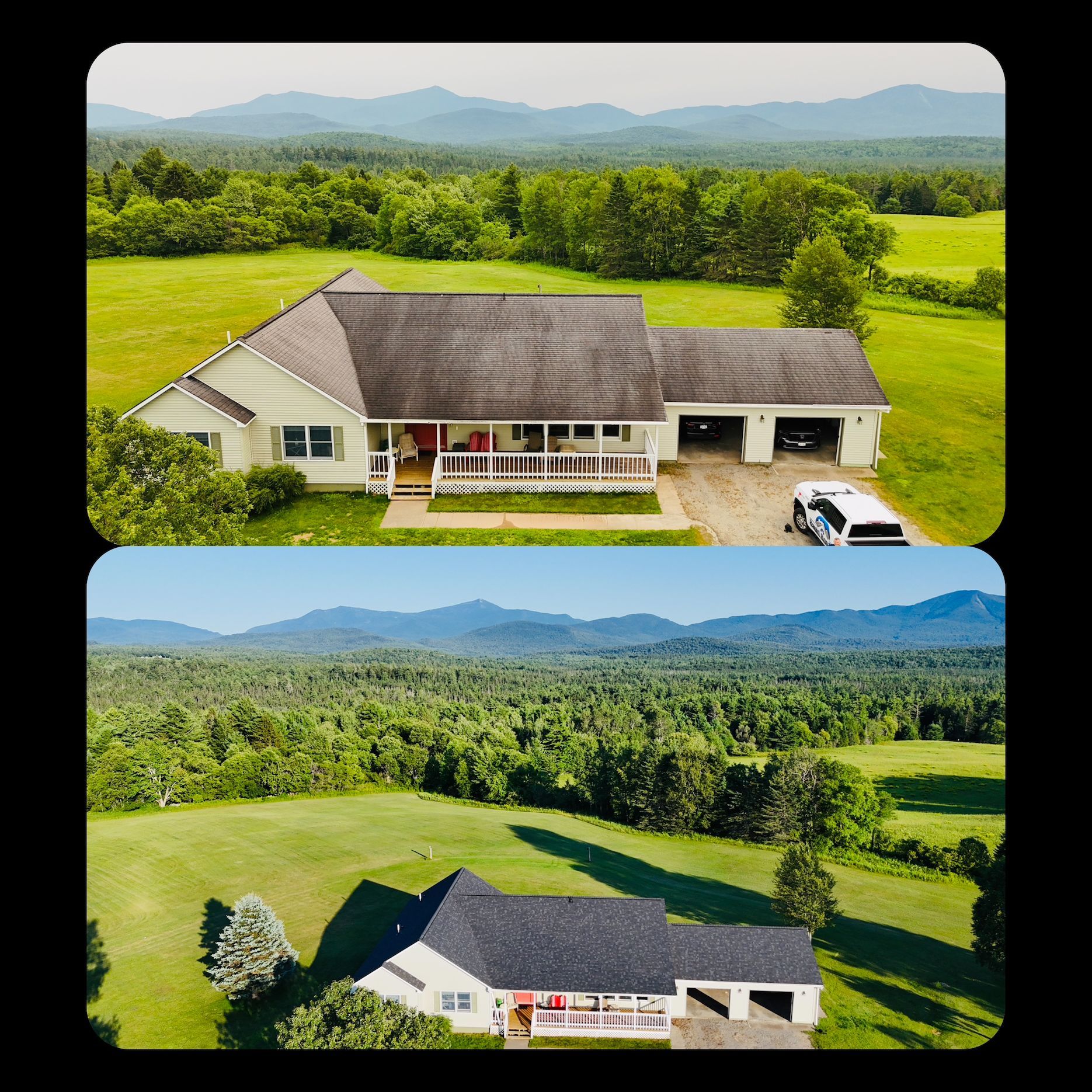 Aerial views of a white house with a dark roof beside green fields and forested mountains.